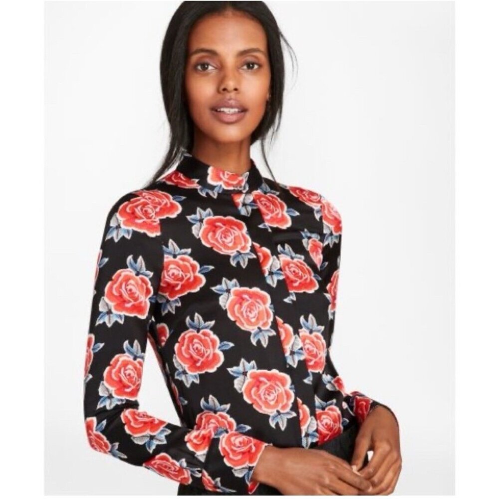 Brooks Brothers 100% Silk Rose Print Top Women's Sz 0 Long Sleeves Shirt Preppy